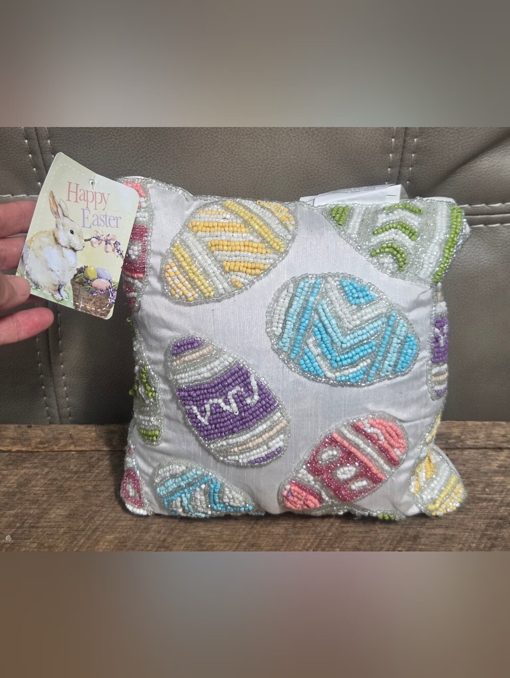 NWT Beautiful Beaded Easter Eggs Small Throw Pillow 9x9 Colorful Bin 1G